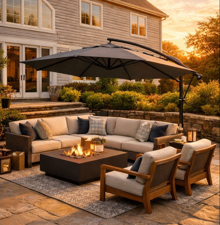 Outdoor patio setup with sectional sofa, chairs, fire pit, and umbrella in front of a house.