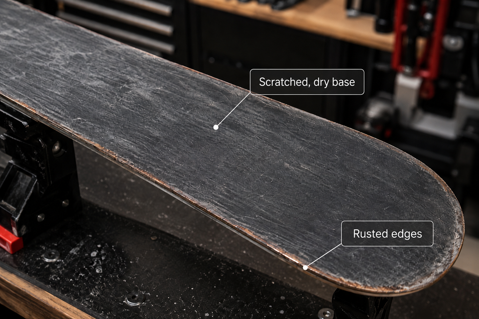 Base of a used ski before a tune — chalky, dry, with visible scratches and dull edges