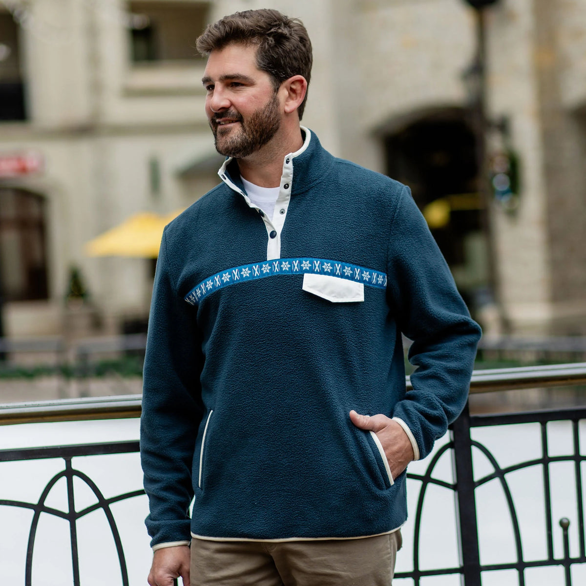 Jack & Sage Retro Midnight Fleece in Midnight, on-body front