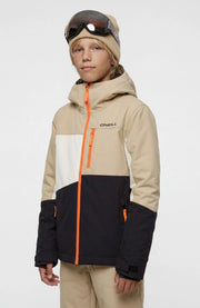 O'Neill FWC Cruz Triple Snow Jacket Boys in Olive Blush Colour Block, front view on model