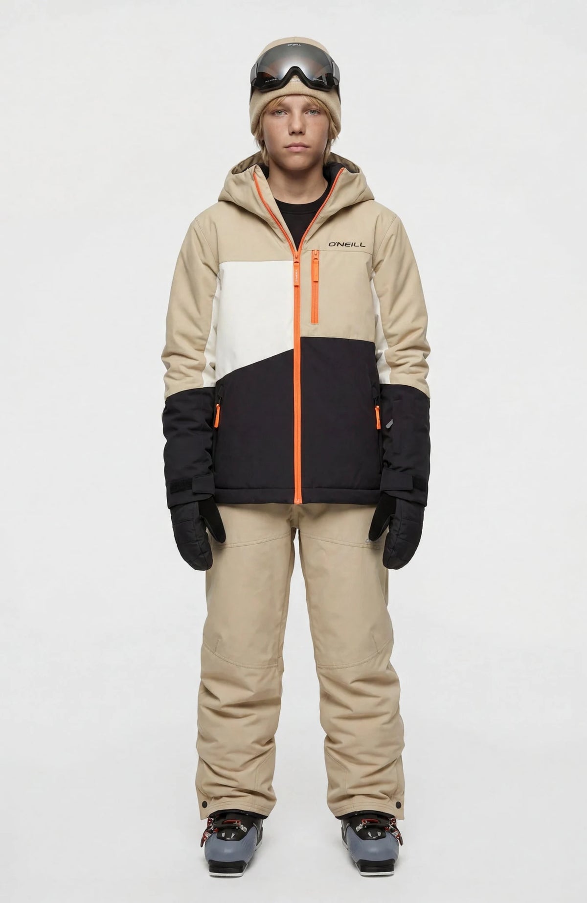 O'Neill FWC Cruz Triple Snow Jacket Boys in Olive Blush Colour Block, full outfit view on model