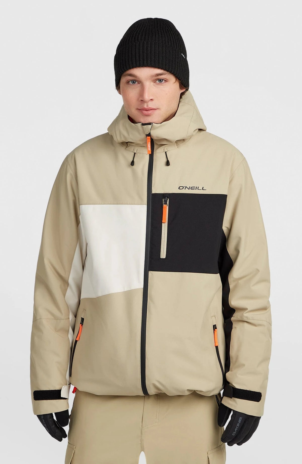 O'Neill FWC Cruz Triple Snow Jacket Mens in Olive Blush Colour Block, front view on model