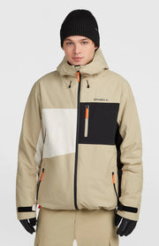 O'Neill FWC Cruz Triple Snow Jacket Mens in Olive Blush Colour Block, front view on model