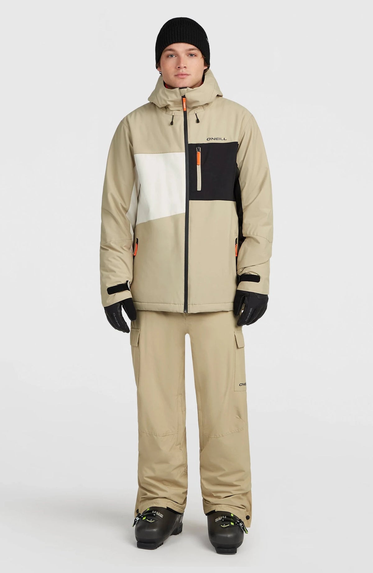 O'Neill FWC Cruz Triple Snow Jacket Mens in Olive Blush Colour Block, full outfit view on model