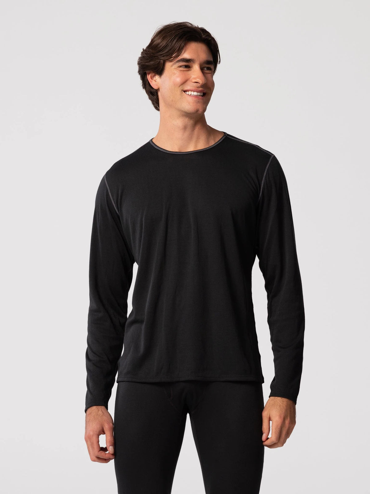 Hot Chillys Men's Bi-Ply Crew (Black), front view on model