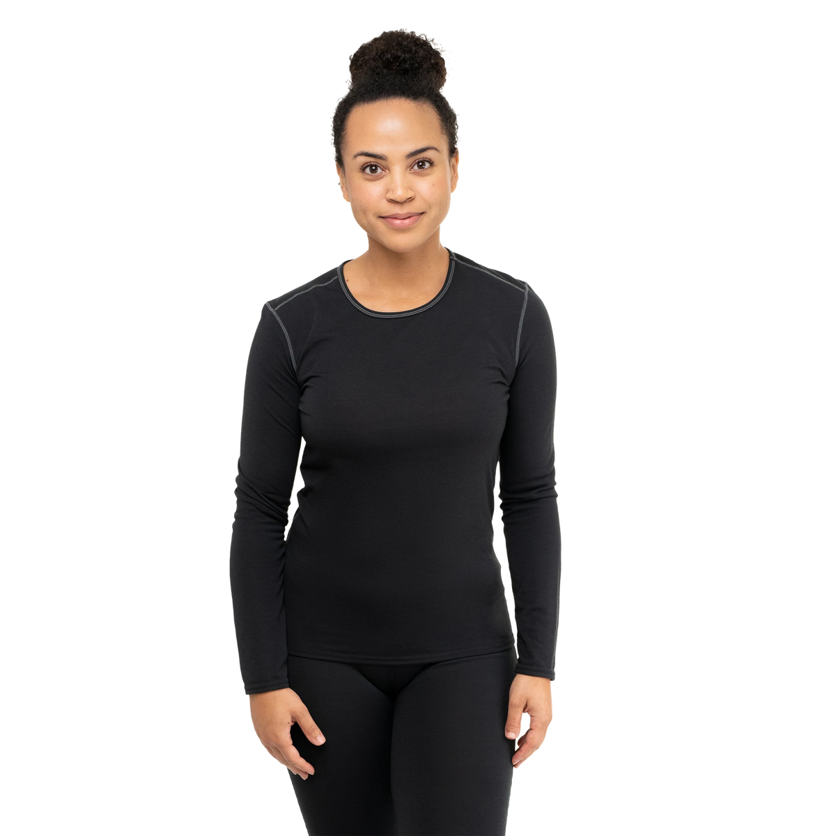 Hot Chillys Women's Crew Bi-Ply (Black), front view on model