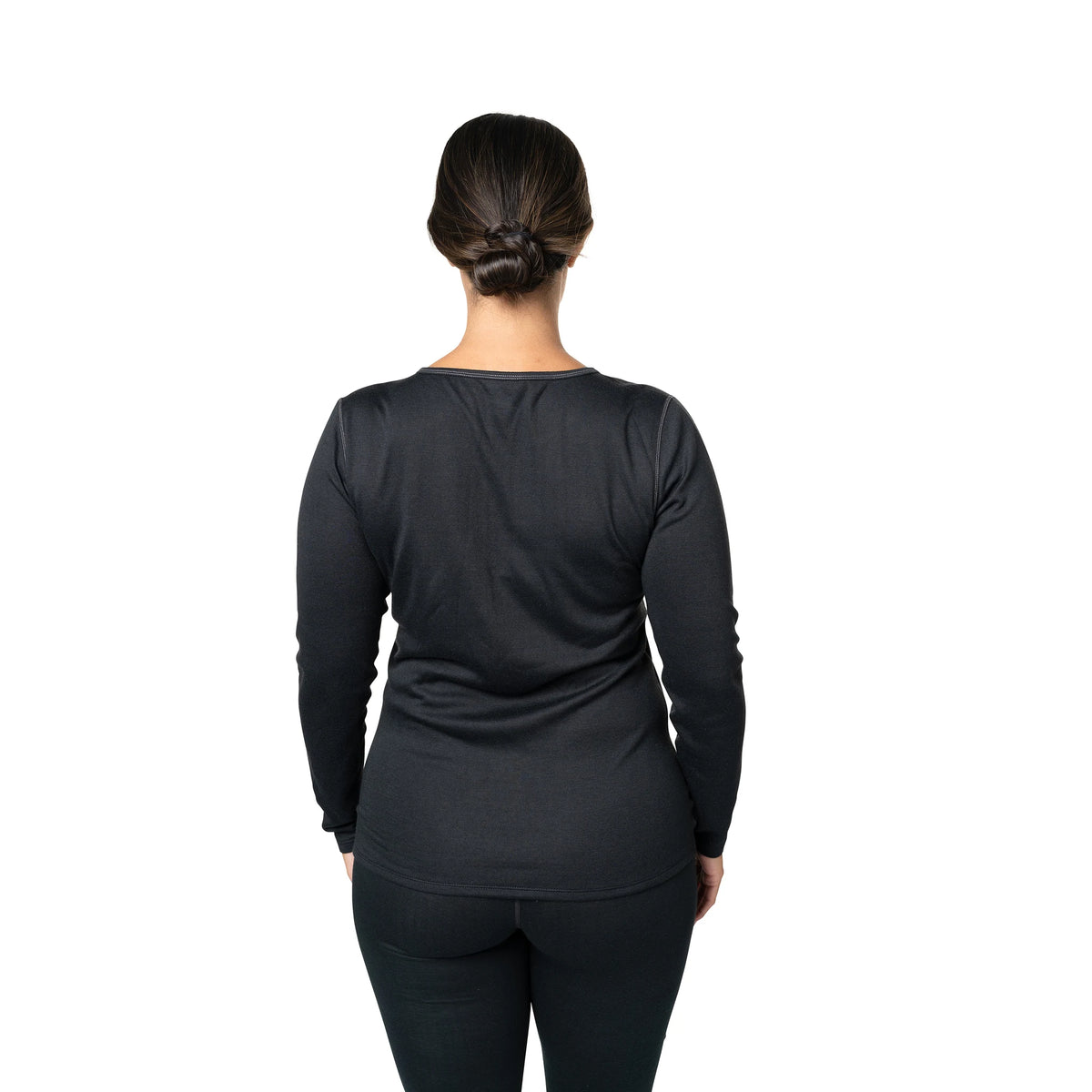 Hot Chillys Women's Crew Bi-Ply (Black), back view on model
