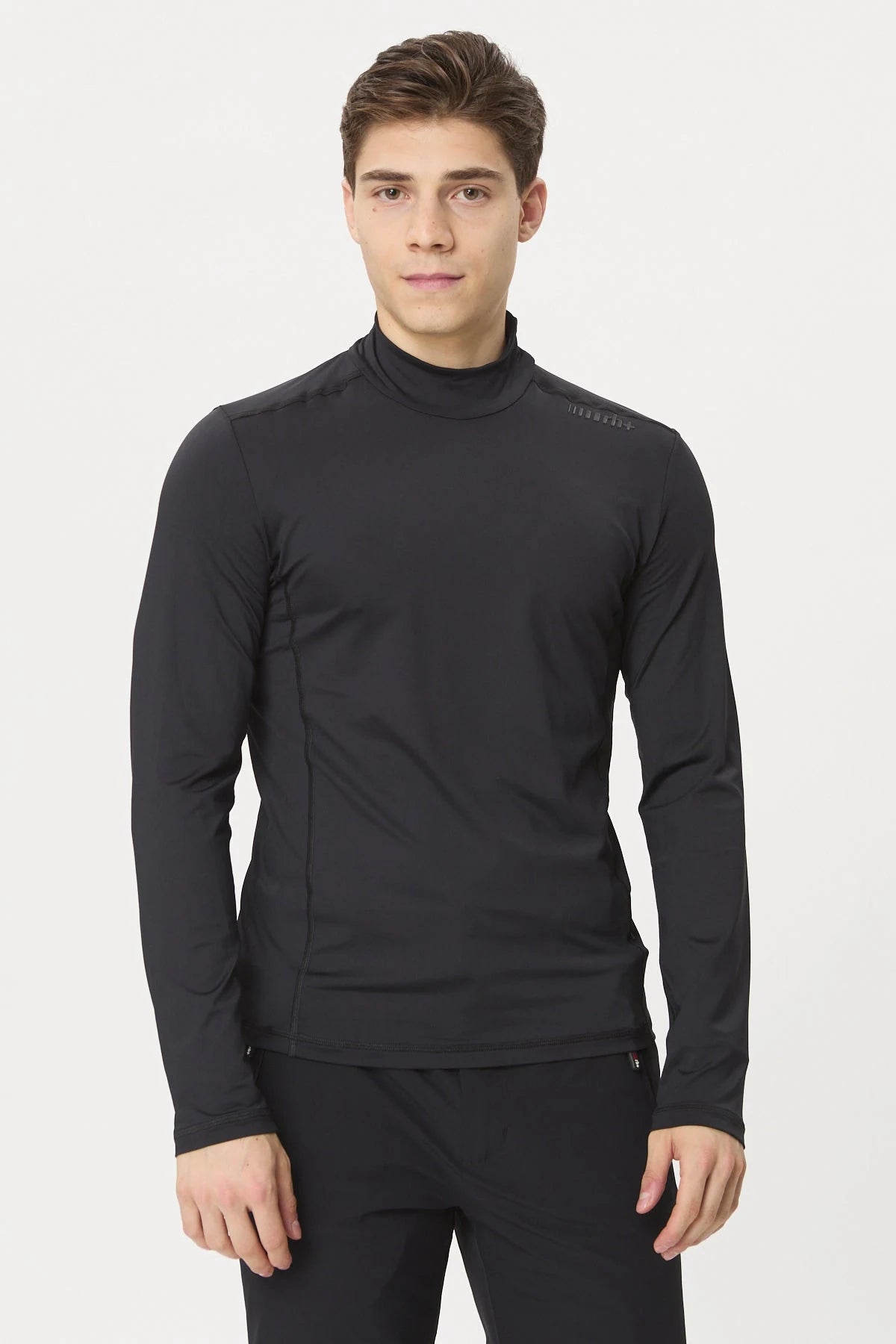 rh+ Veil Turtle Neck Jersey in Black, front view on model