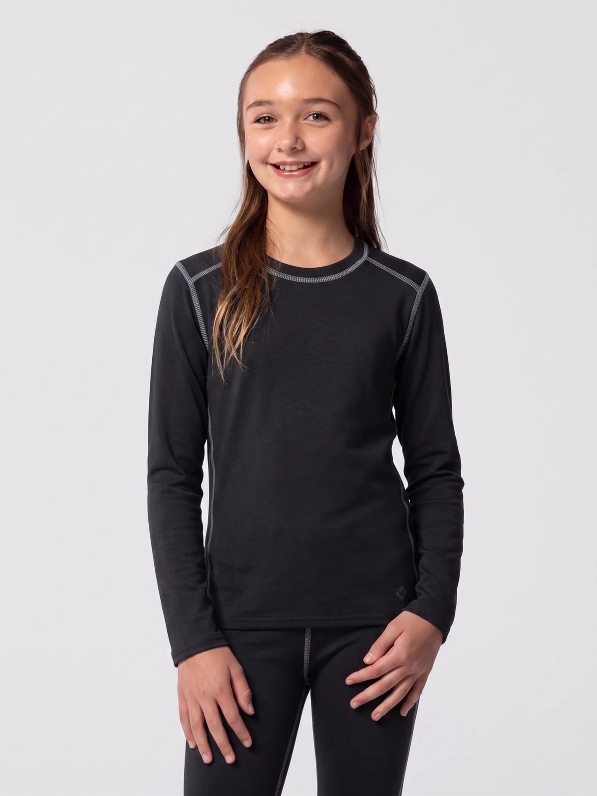 Hot Chillys Youth Crew (Black), front view on model