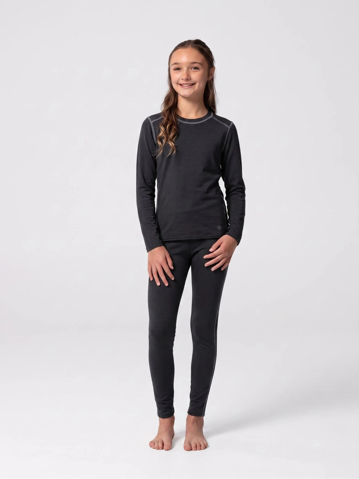 Hot Chillys Youth Crew (Black), full outfit view on model