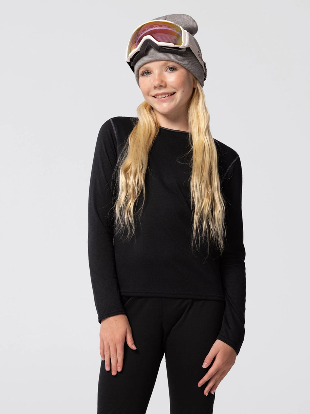 Hot Chillys Youth Crew Bi-Ply (Black), front view on model