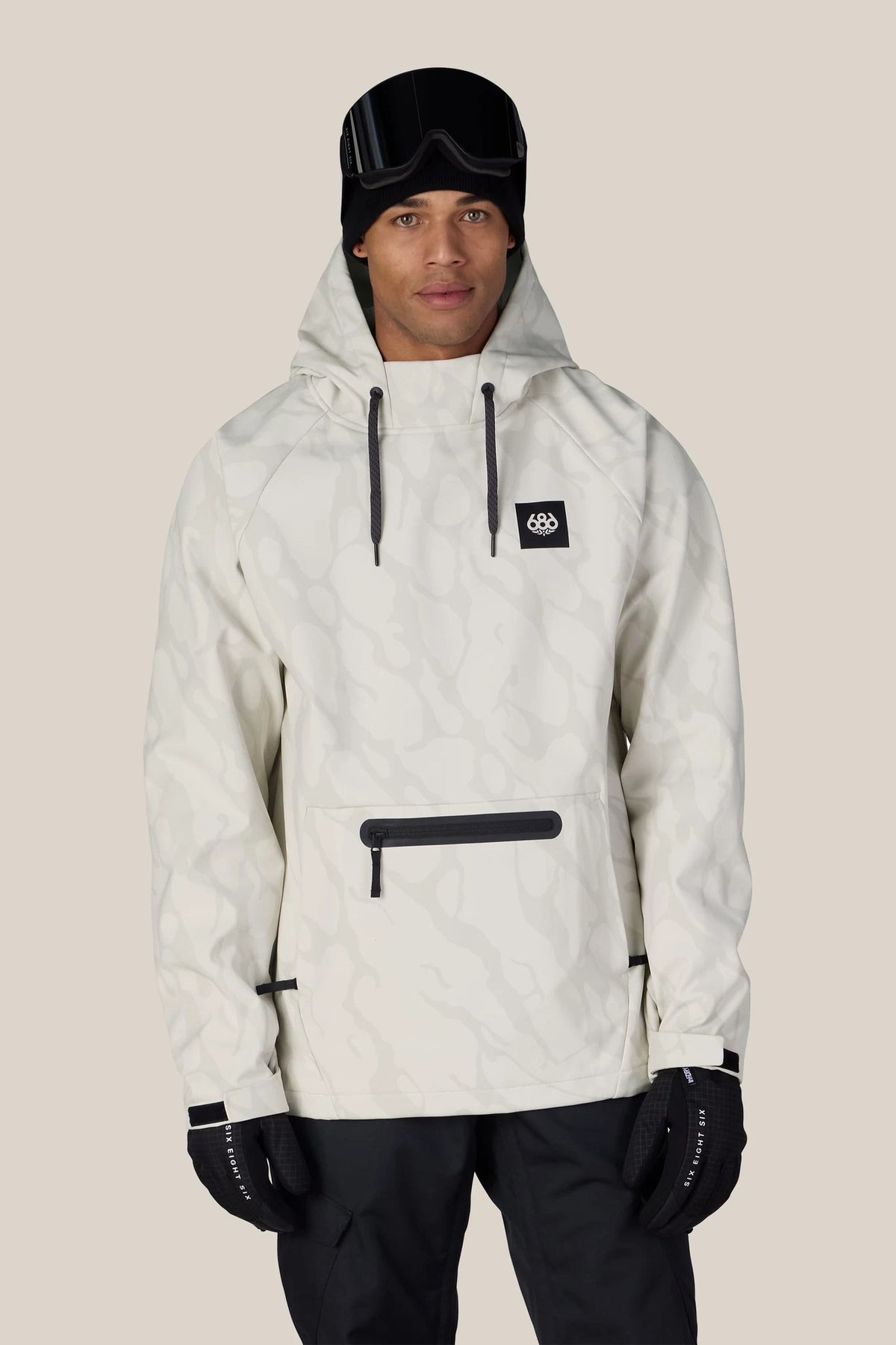 686 Mens Waterproof Hyperchromic Pullover Hoody in Limestone Fracture, front, on model
