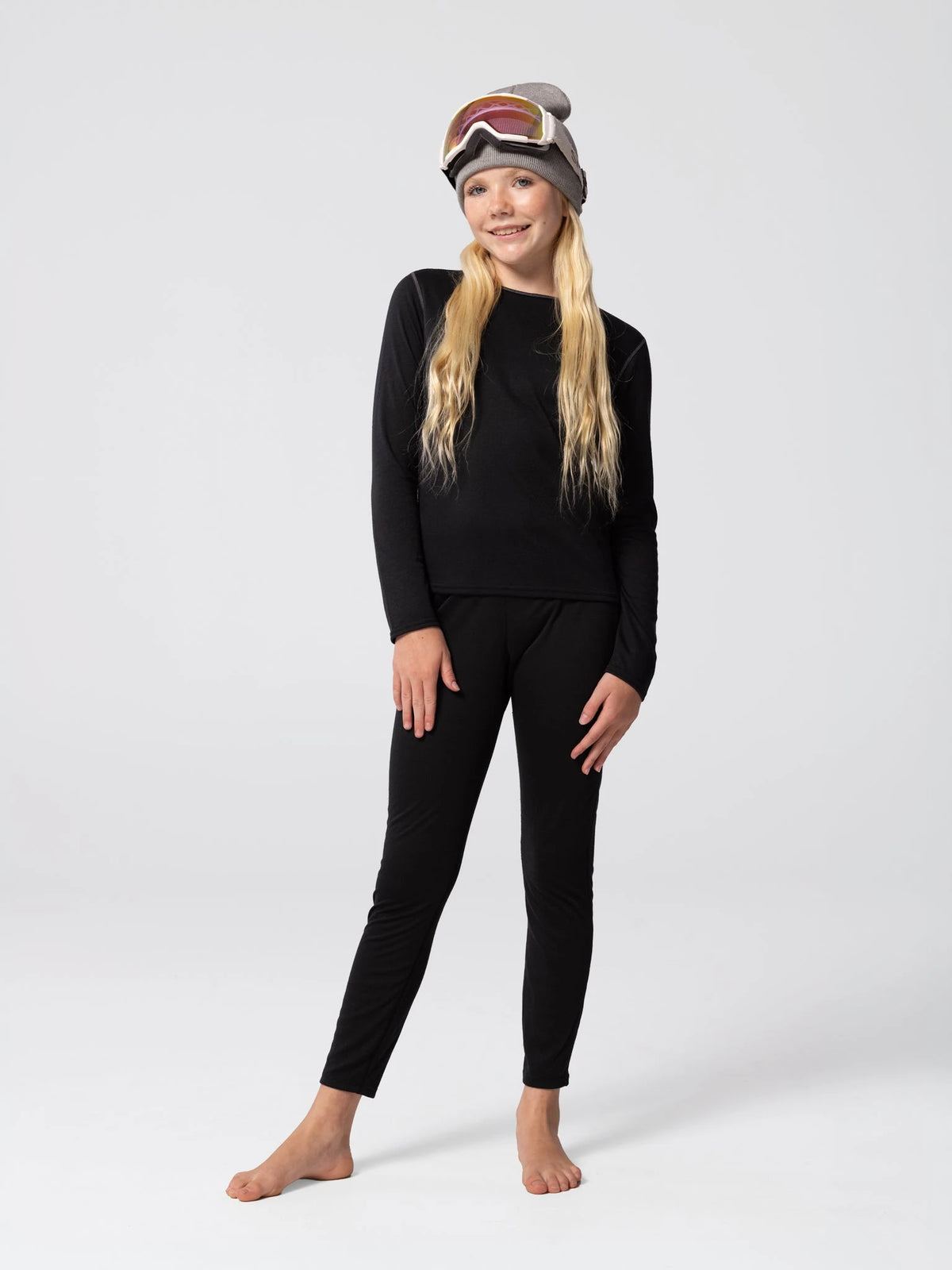 Hot Chillys Youth Crew Bi-Ply (Black), full outfit view on model