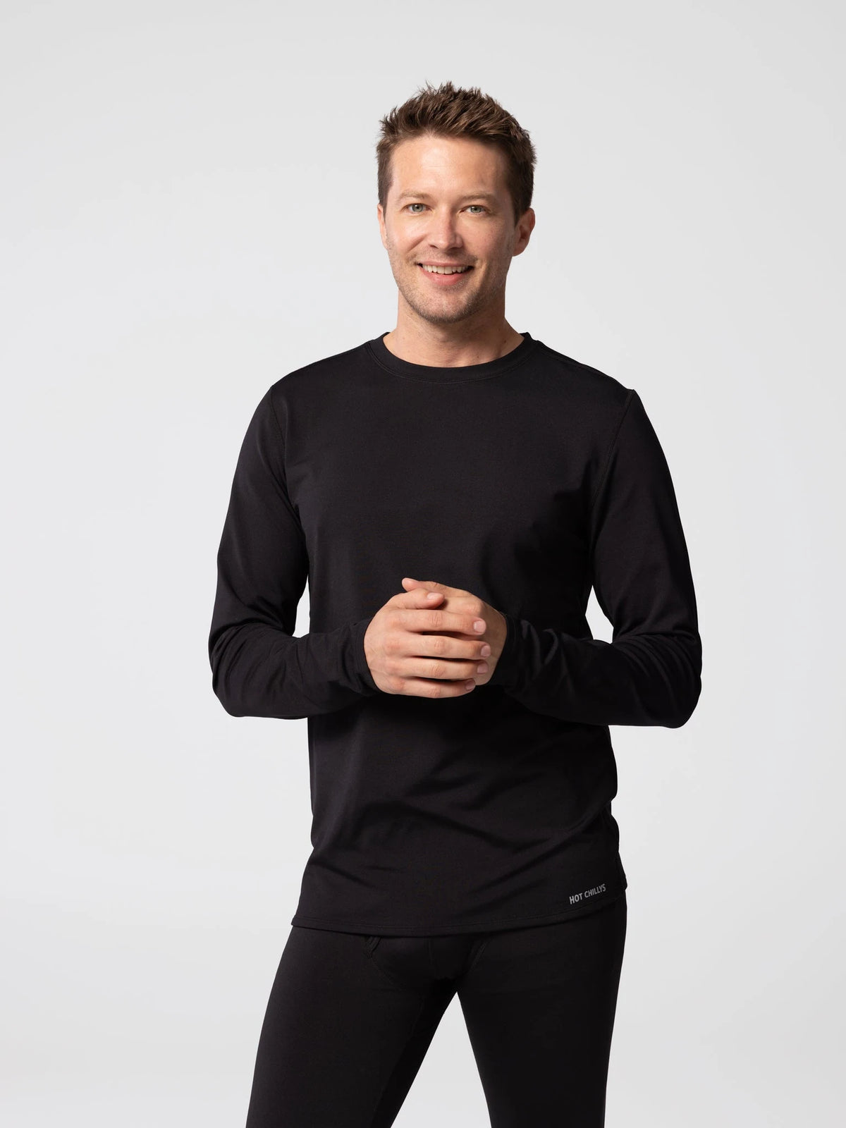 Hot Chillys Men MEC Crewneck in Black, front view on model