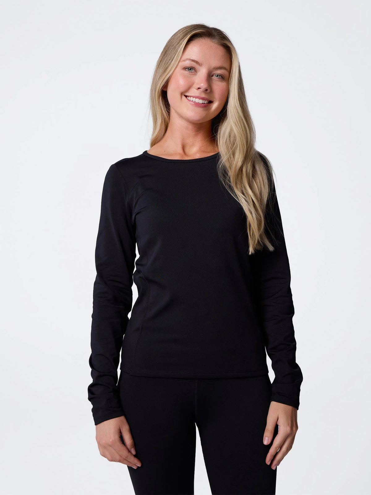 Hot Chillys Ladies MEC Crewneck Top in Black, front view on model
