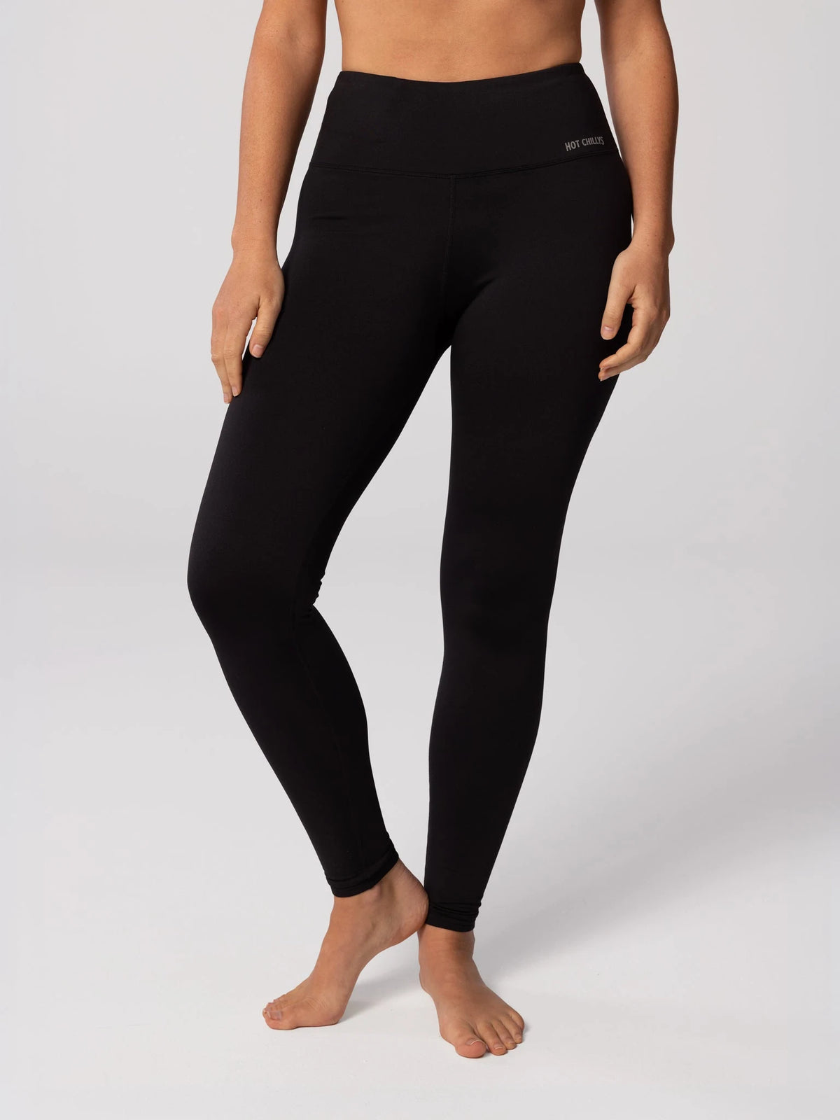 Hot Chillys Ladies MEC Solid Tight Bottom in Black, front view on model