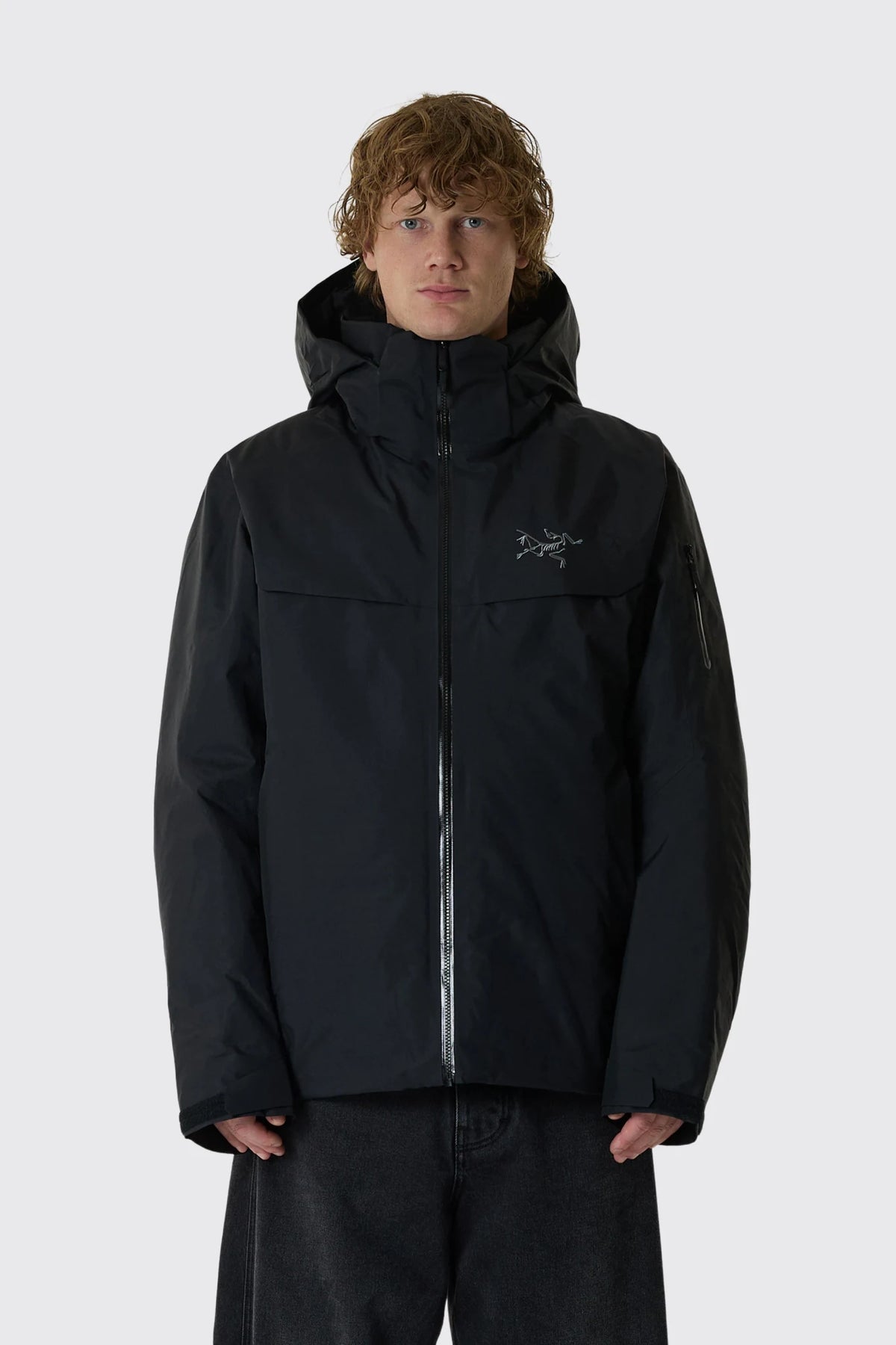 Arc'teryx Macai Down Jacket Mens in Black, front, hood down