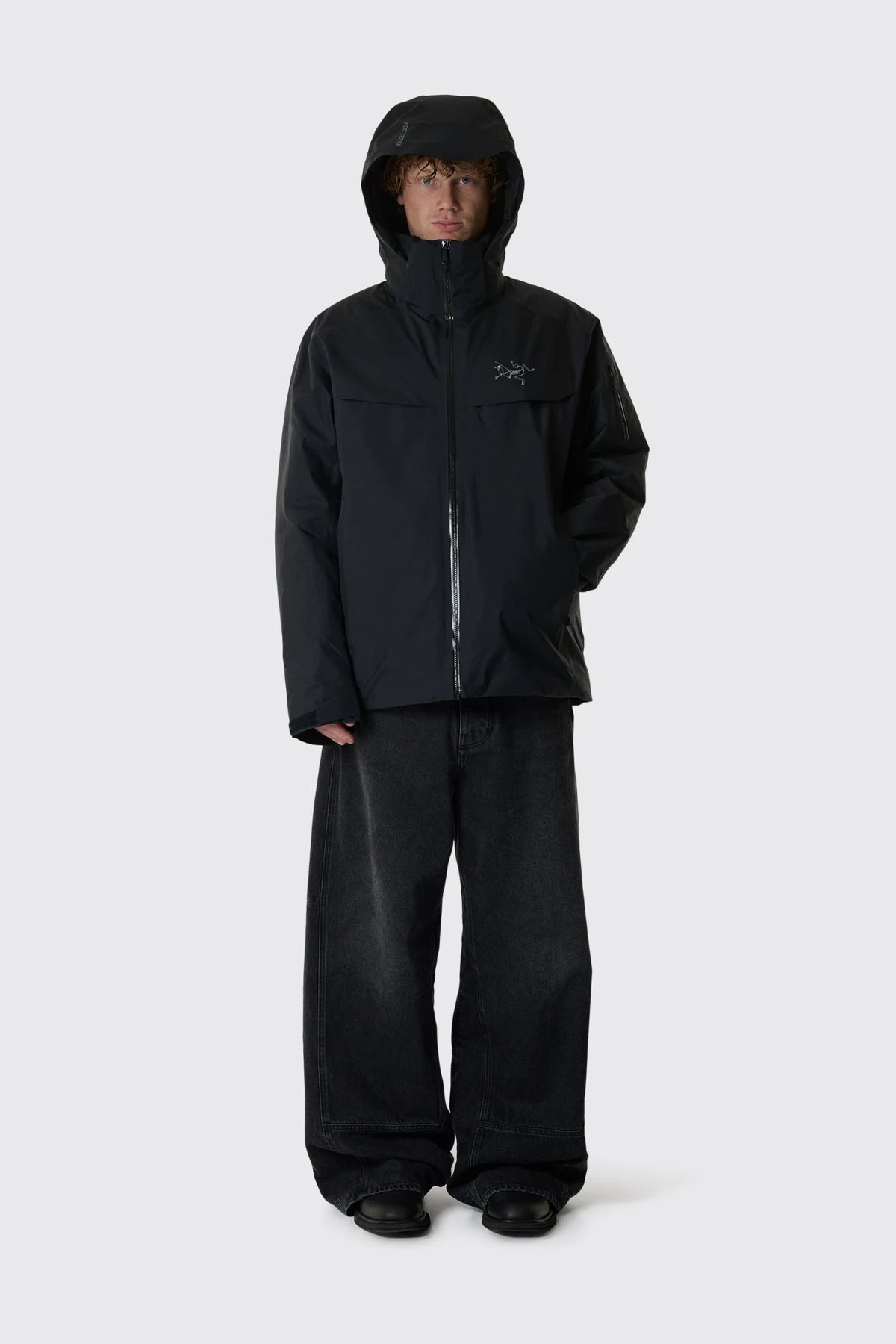 Arc'teryx Macai Down Jacket Mens in Black, full-length front, hood up