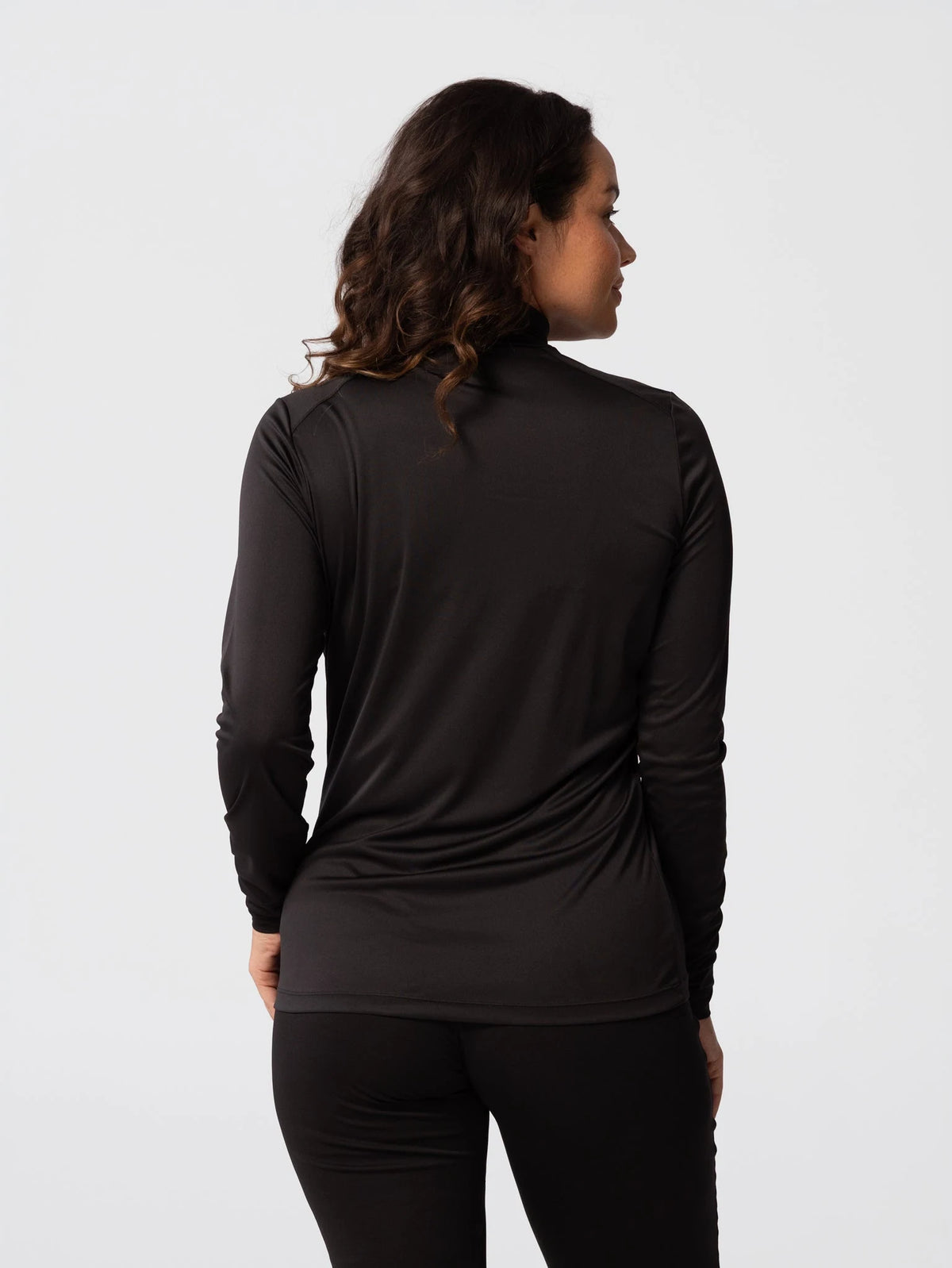 Hot Chillys Womens Peach Skins Solid T-Neck in Black, back view on model
