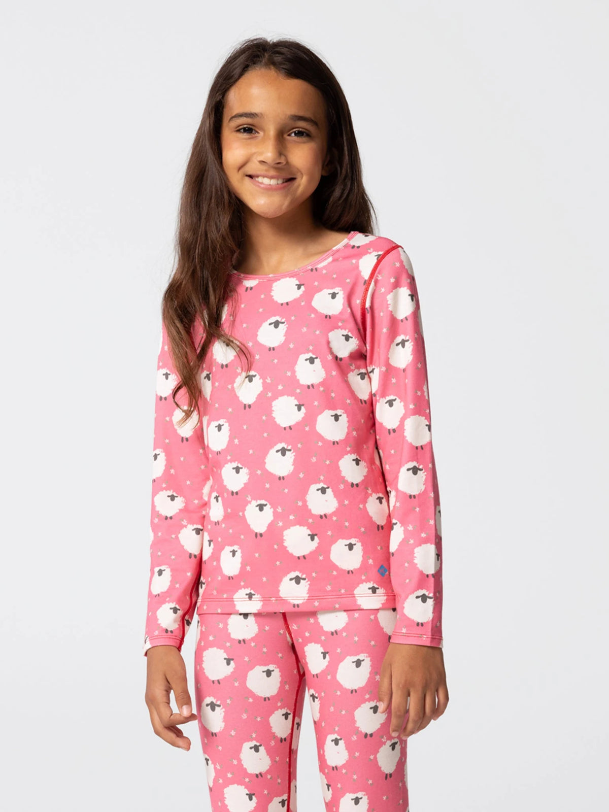 Hot Chillys Youth Originals Print Crew in Sheep, front view on model