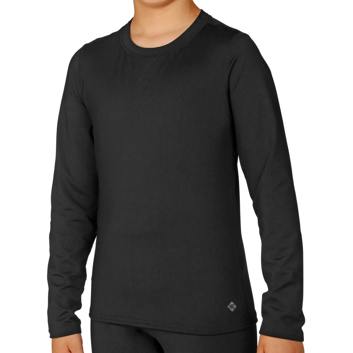 Hot Chillys Youth Micro-Elite Chamois Crew - Can in Black, front view on model