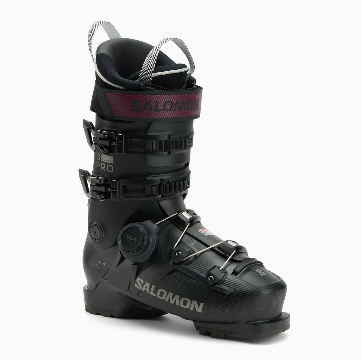 Salomon S/Pro Supra BOA 100 2026 in Black, front three-quarter view