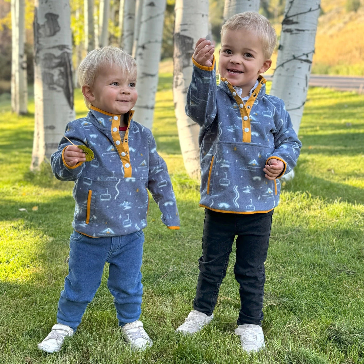 Jack & Sage Kids Lifty Fleece Half Button in Dusk Blue, on-body front