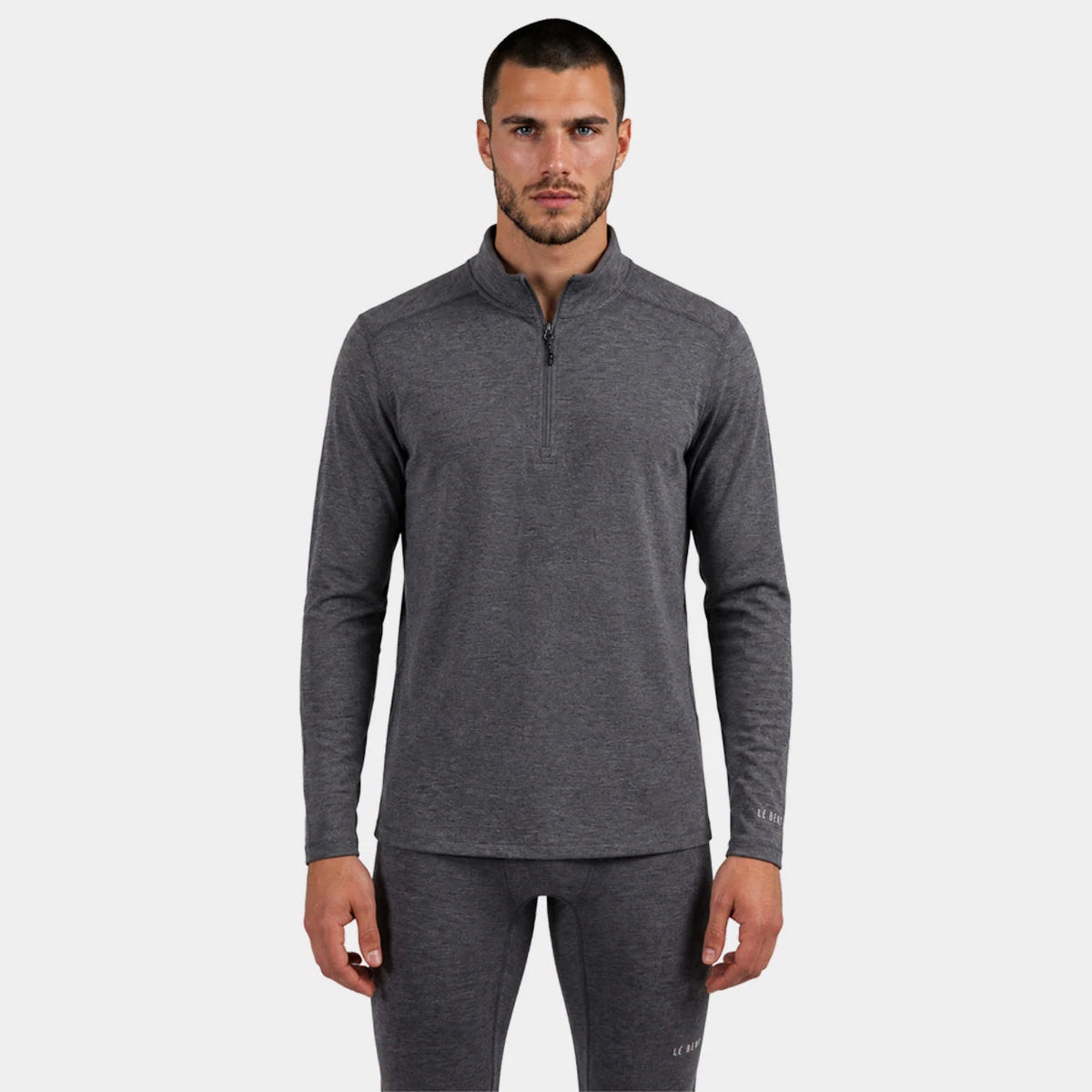 Le Bent Mens Heavyweight Grid Fleece 1/4 Zip in Dark Heather Grey, front view on model