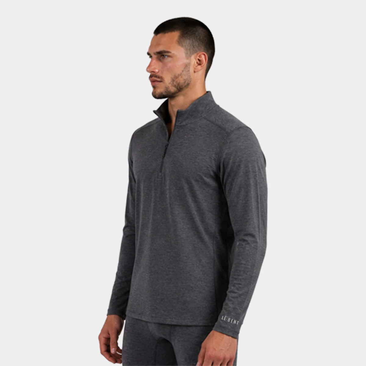 Le Bent Mens Heavyweight Grid Fleece 1/4 Zip in Dark Heather Grey, side/three-quarter view
