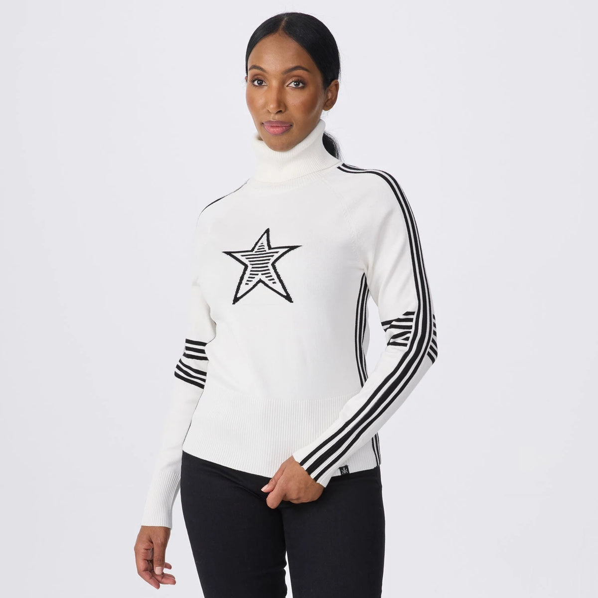 Krimson Klover Olympia Turtleneck in Snow/Black, front view on model