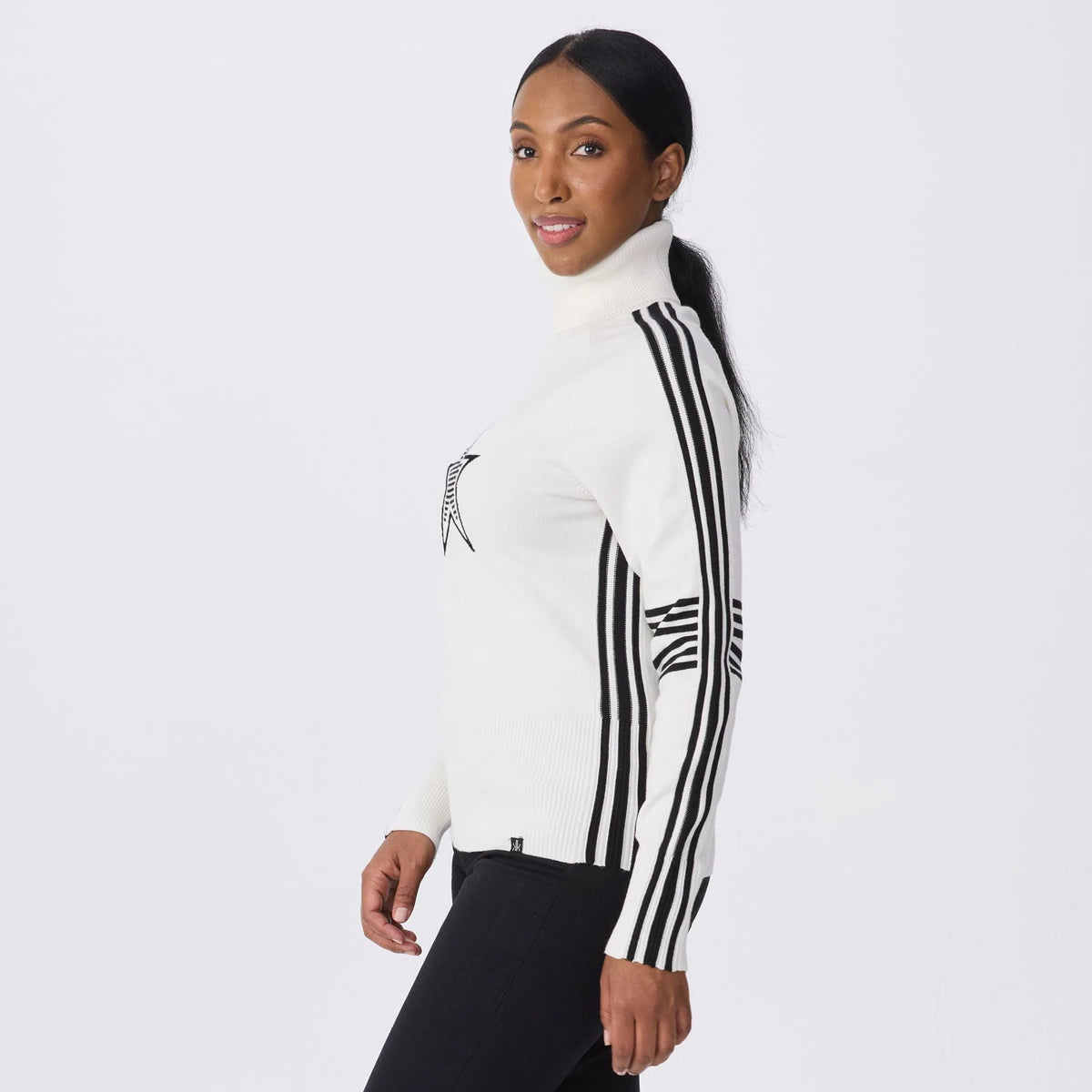 Krimson Klover Olympia Turtleneck in Snow/Black, side/three-quarter view on model