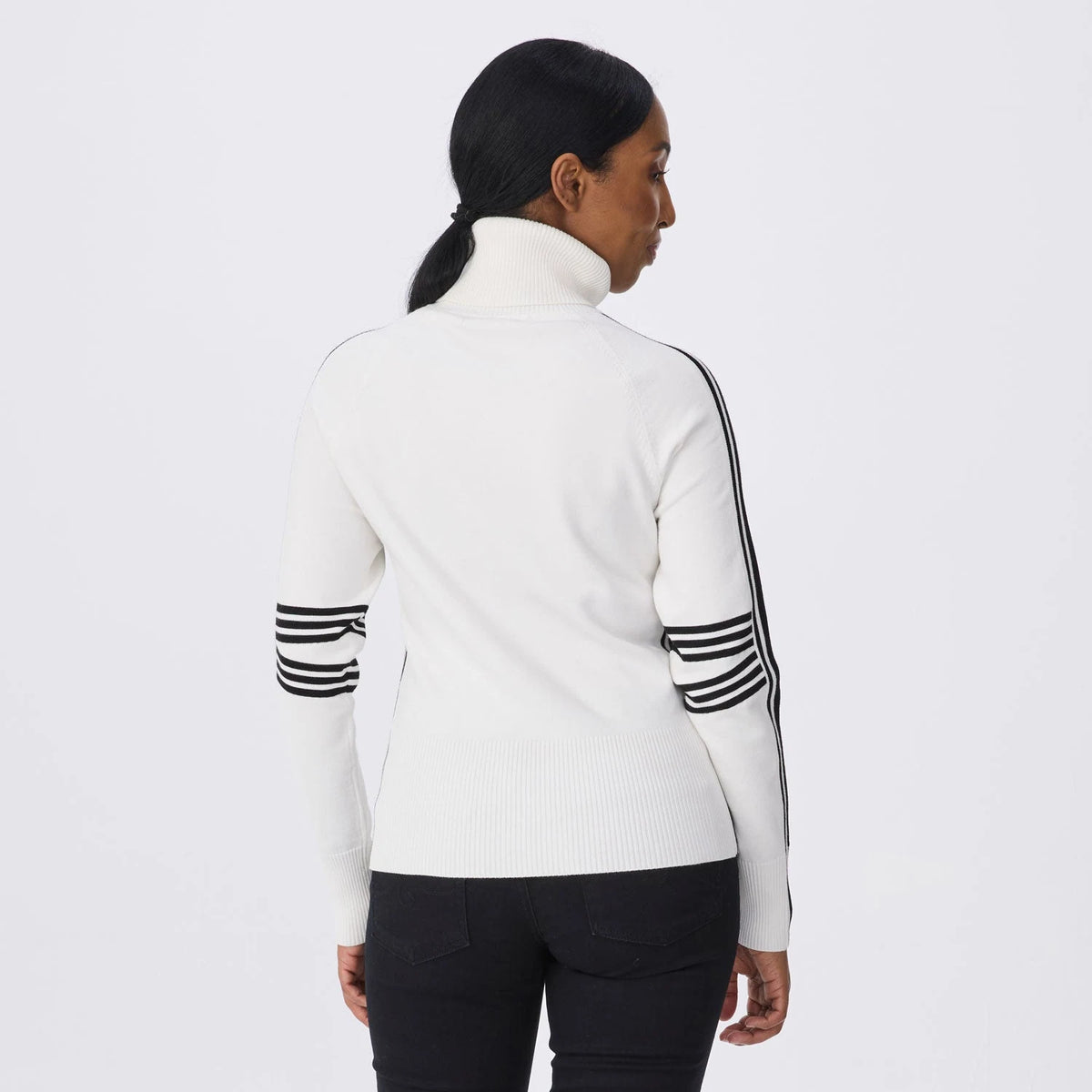 Krimson Klover Olympia Turtleneck in Snow/Black, back view on model