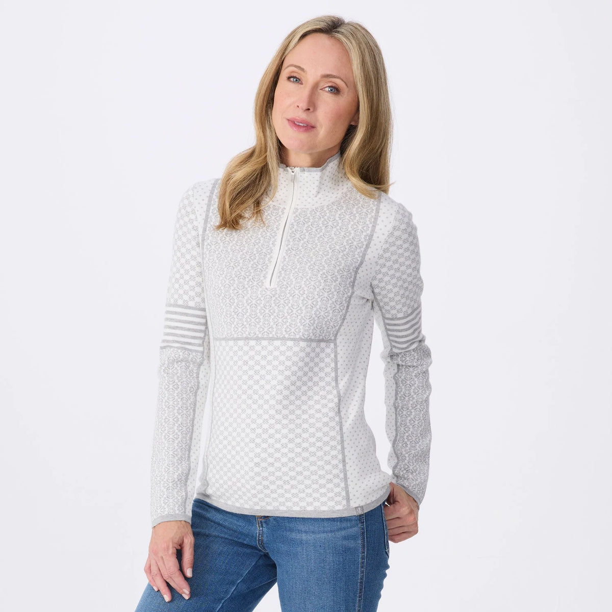 Krimson Klover Pow Zip Neck in Snow, front view on model