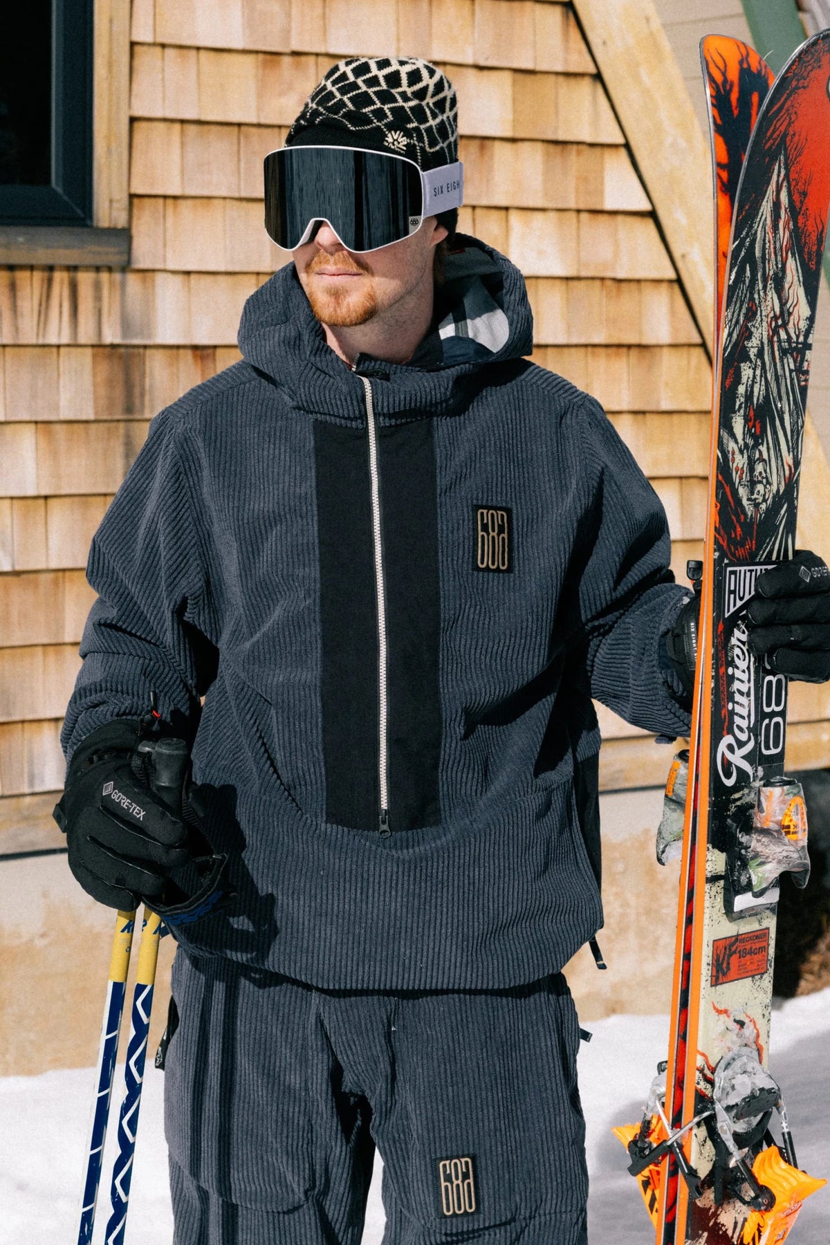 686 Mens Ghost 2.5l Anorak in Navy Wide Wale Corduroy, front, on model