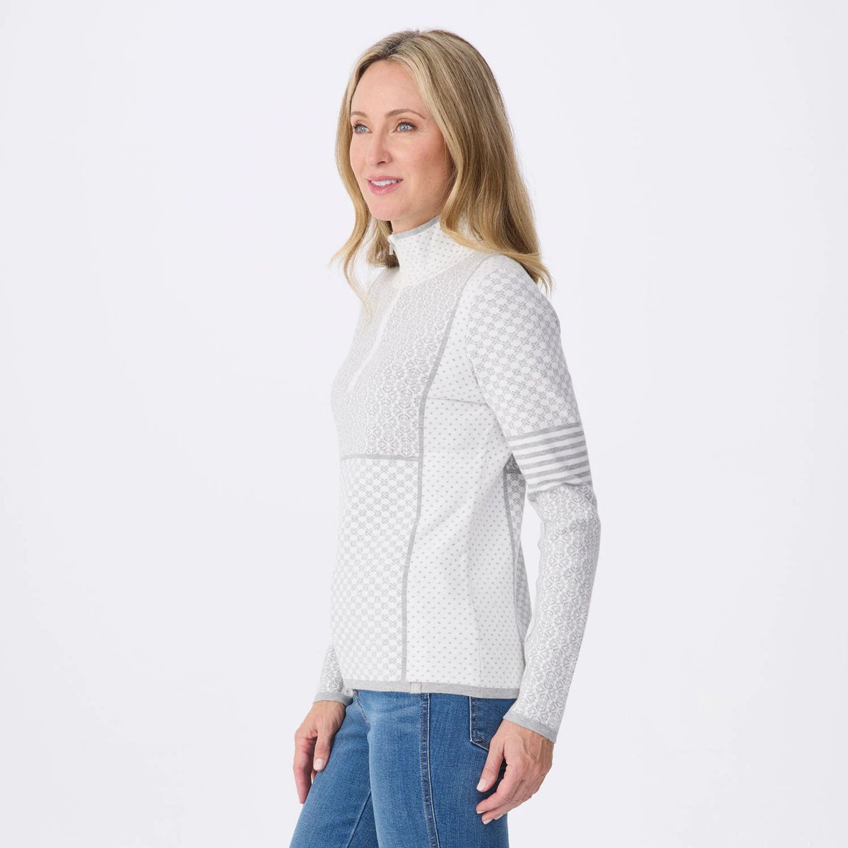 Krimson Klover Pow Zip Neck in Snow, side/three-quarter view on model