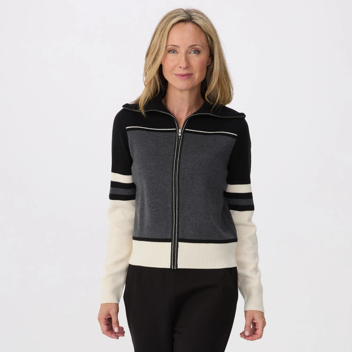 Krimson Klover Robin Full Zip in Black, front view on model