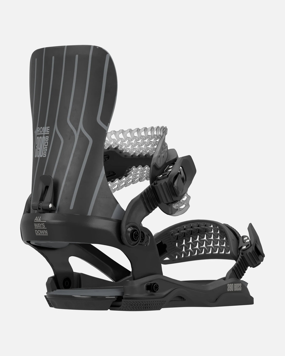 Rome 390 Boss AW BK Snowboard Bindings in Black, rear three-quarter binding view
