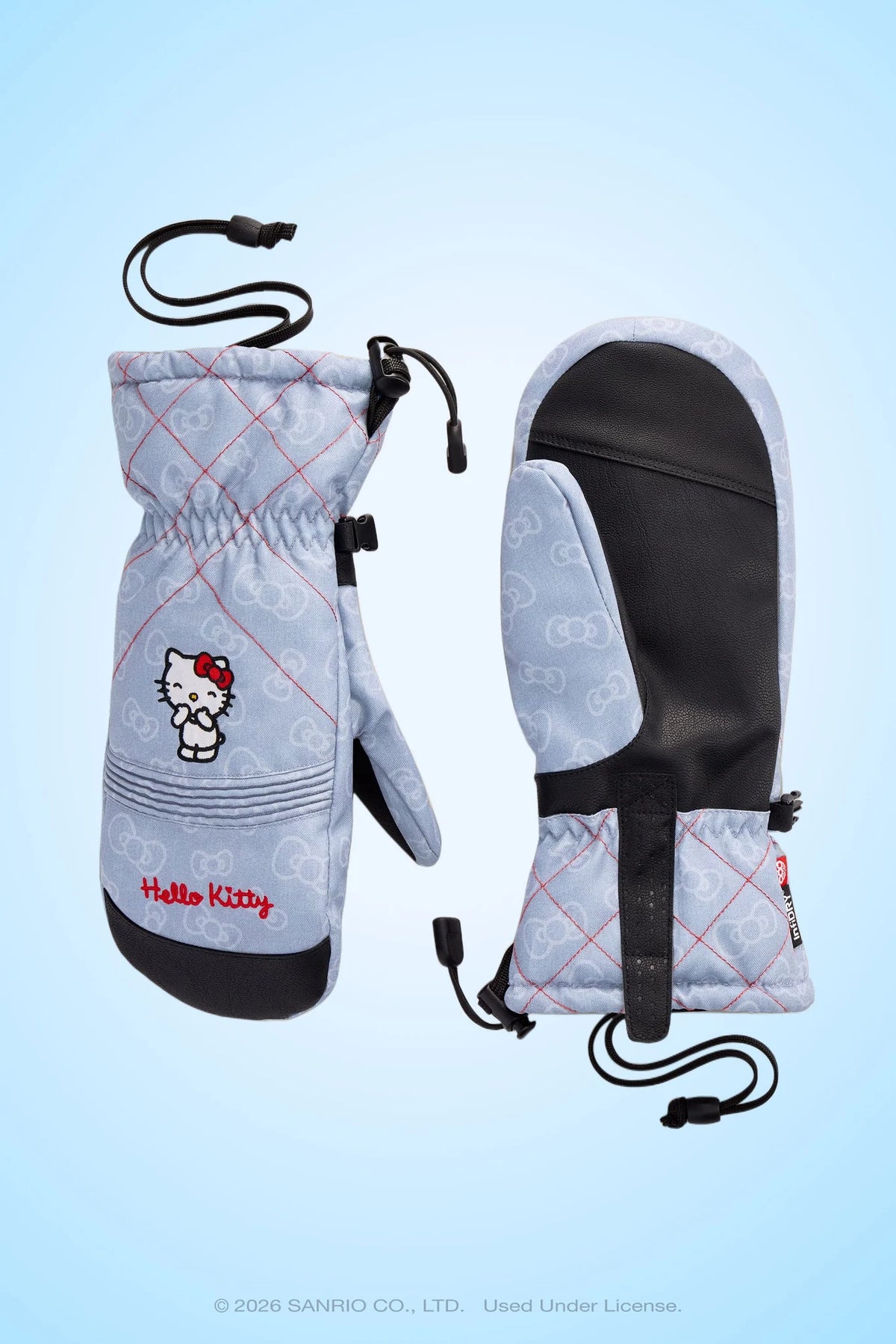 686 Womens Jubilee Mitt in Hello Kitty Denim, back of hand and palm