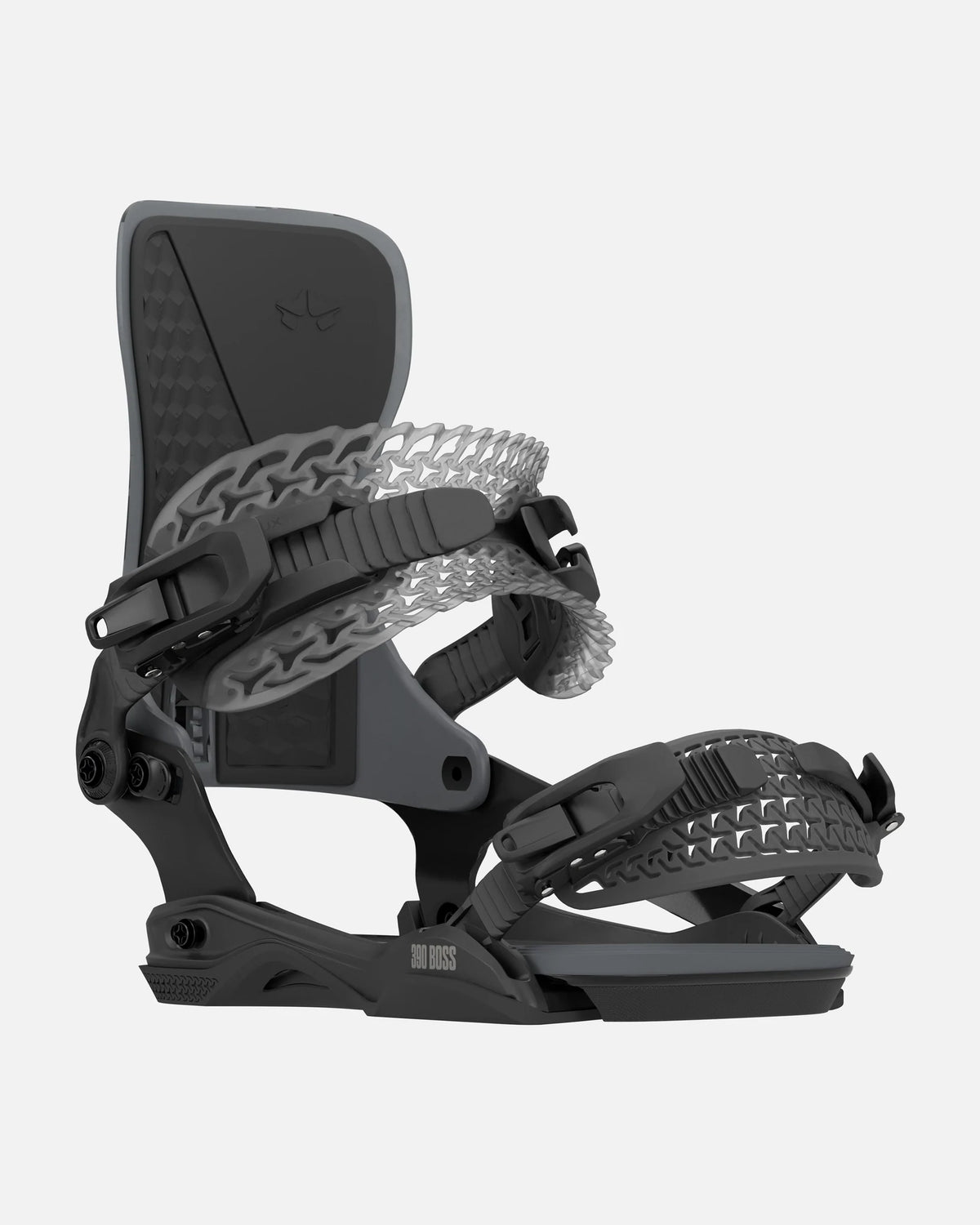 Rome 390 Boss AW BK Snowboard Bindings in Black, front three-quarter binding view