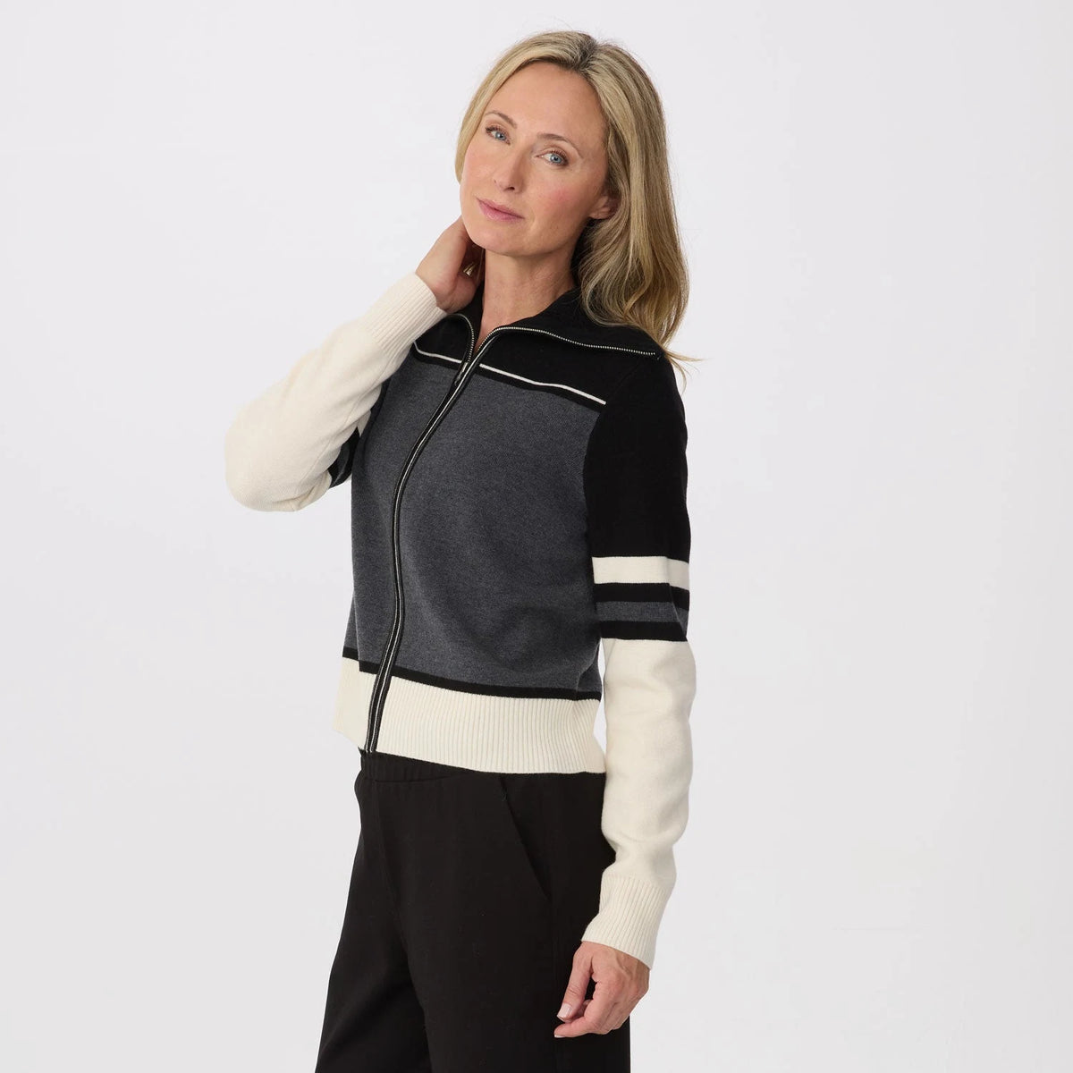 Krimson Klover Robin Full Zip in Black, side/three-quarter view on model