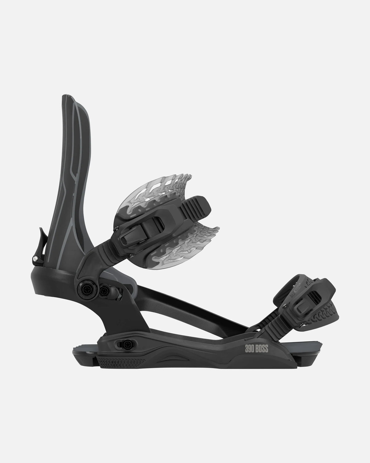 Rome 390 Boss AW BK Snowboard Bindings in Black, side binding view