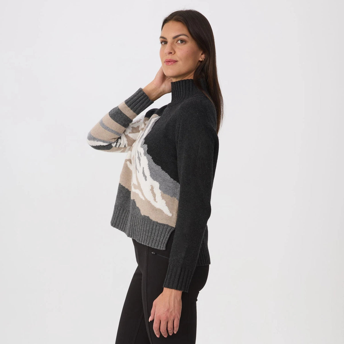 Krimson Klover Skylar Mock Neck in Heather Black, side/three-quarter view on model