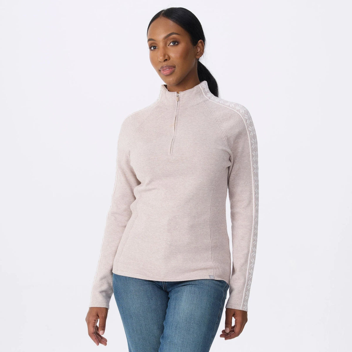 Krimson Klover Slalom Zip Neck in Heather Oat, front view on model