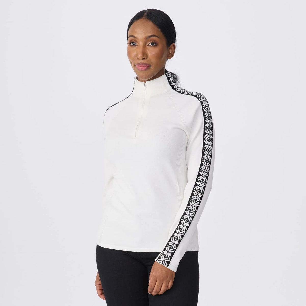 Krimson Klover Slalom Zip Neck in Snow/Black, front view on model