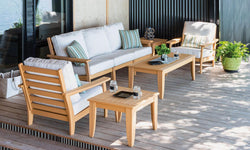 EC Woods Calistoga Seating Coffee Table / Natural Teak Frame / Cast Ocean Sunbrella Cushions