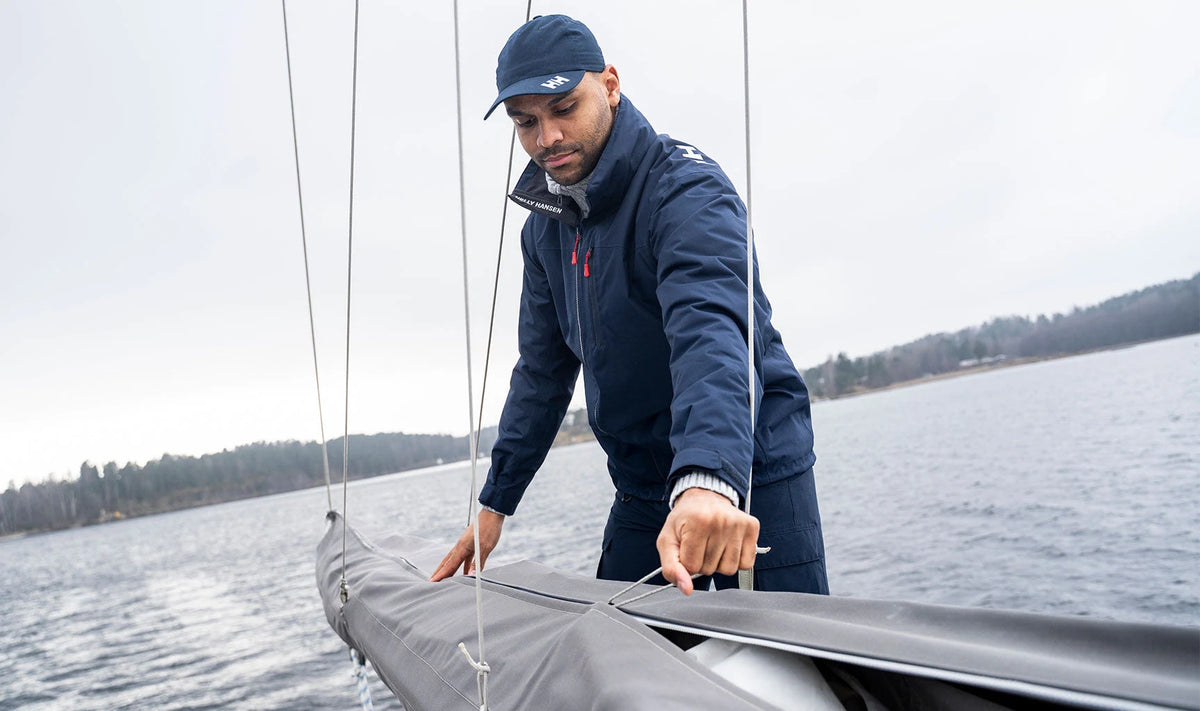 Helly Hansen Crew Hooded Pile Jacket in Navy, on-body view