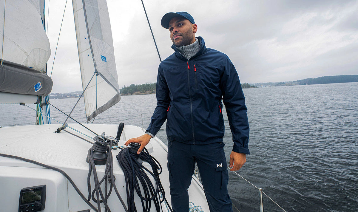 Helly Hansen Crew Hooded Pile Jacket in Navy, on-body view