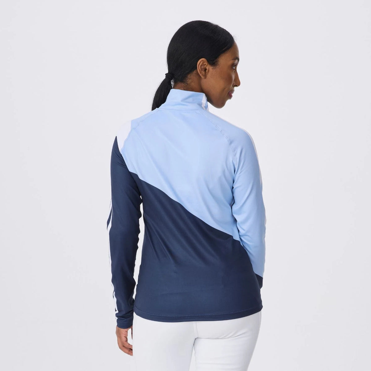 Krimson Klover Sunburst Top in Chambray Blue, back view on model