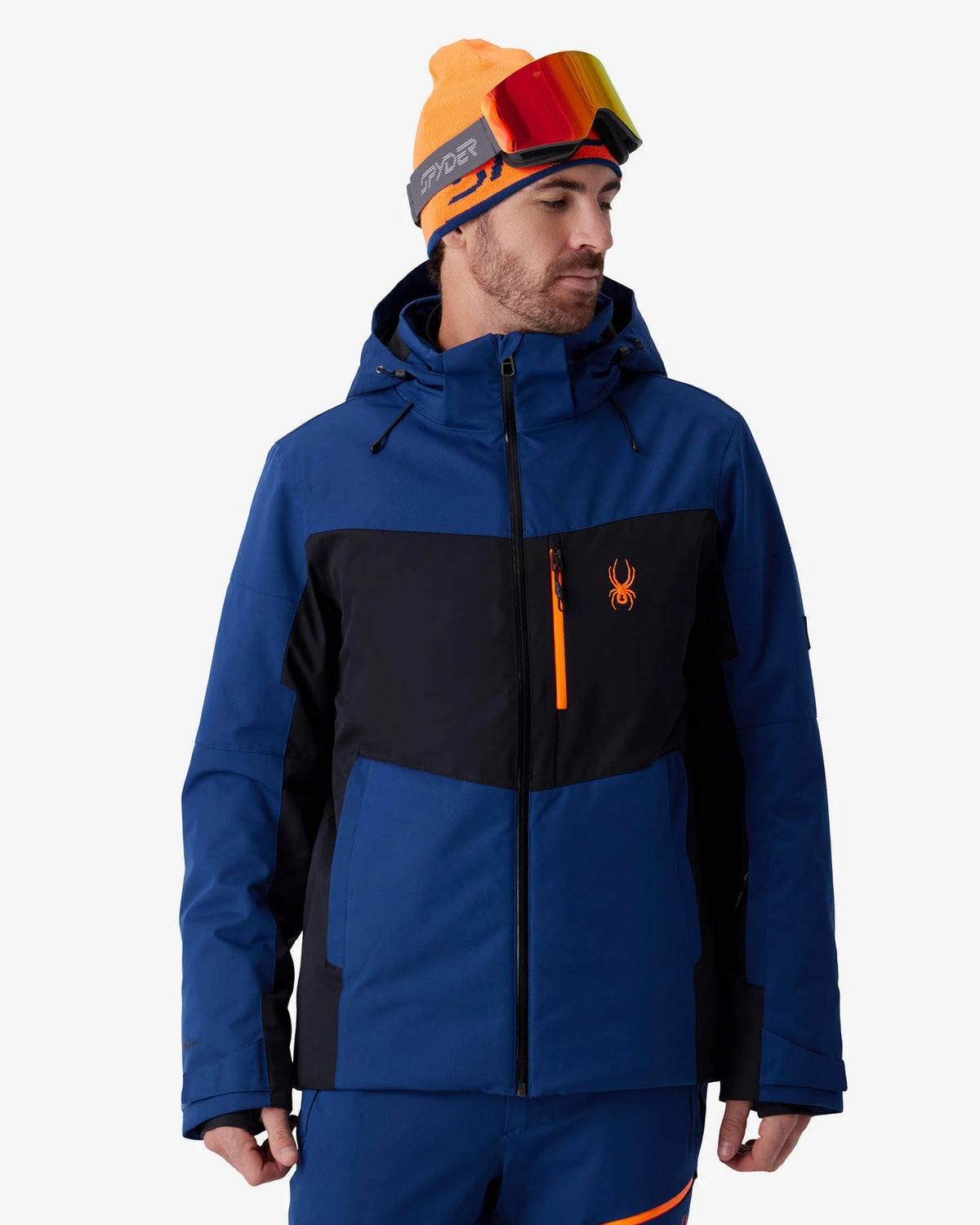 Spyder Copper Jacket in Indigo, front view on model