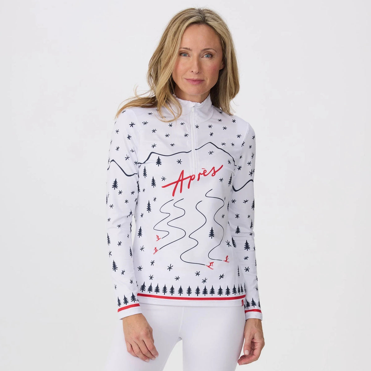 Krimson Klover Winter Apres Top in White, front view on model